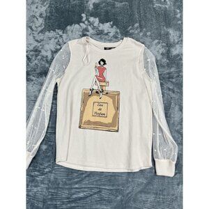 Love + Lace Womens Graphic Top With Mesh Pearl Sleeve M